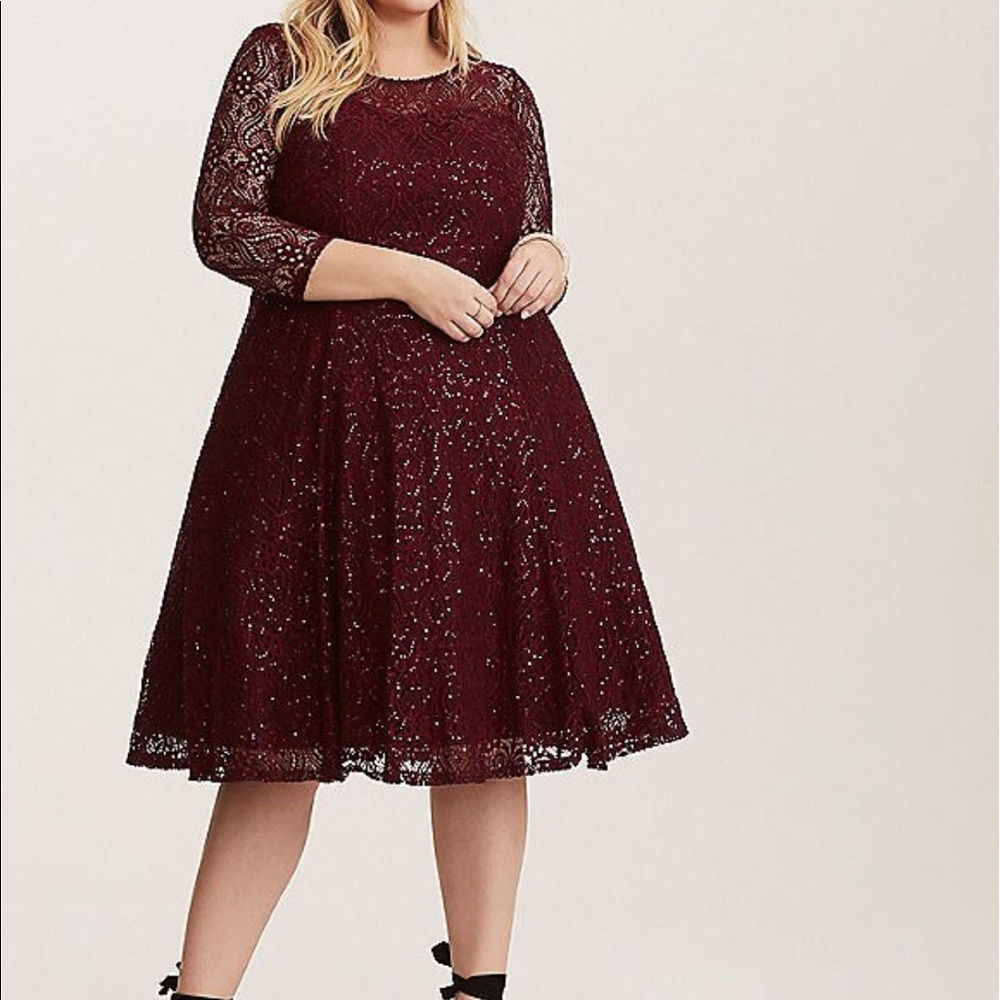 Burgundy lace and sequin formal dress